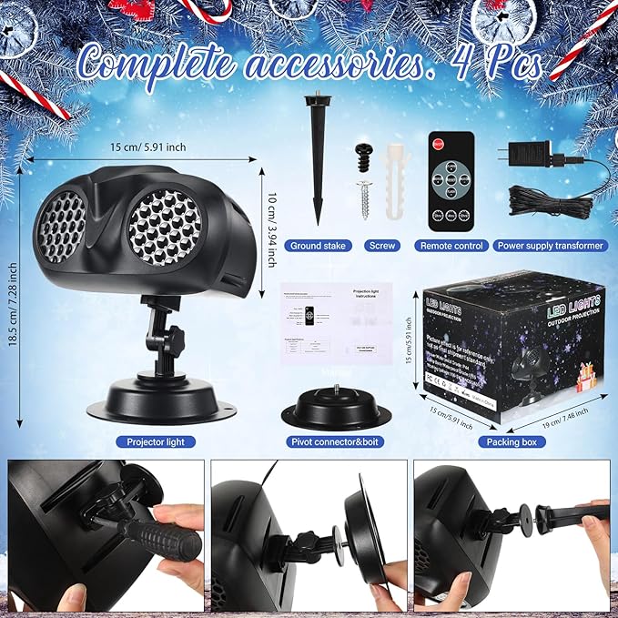 4 Pcs Christmas Snowflake Projector Lights Outdoor Waterproof Highlight Rotating LED Snow Lights with Remote Control for Xmas Holiday Party Garden Landscape Home Decoration