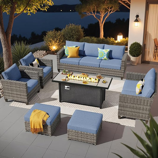 ovios 7 Pieces Patio Furniture Set with 54" Fire Pit Table, Outdoor Wicker Sofa with Comfy Cushions, All Weather High Back Rattan Couch Conversation Set, Denim Blue