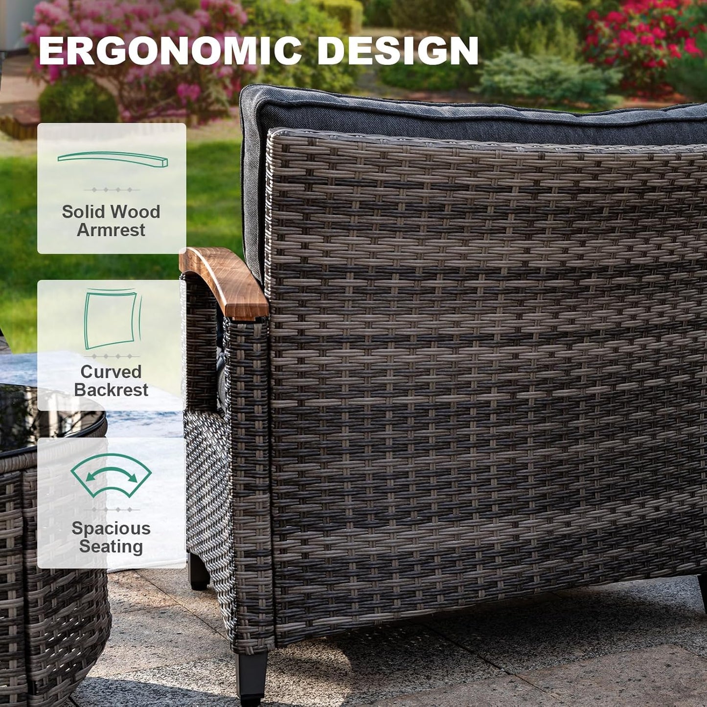 9-Piece Outdoor Patio Furniture Set, Half-Moon Curved Sectional Set with Wood Armrests, Patio Conversation Set, Tempered Glass Coffee & Side Tables (Grey)