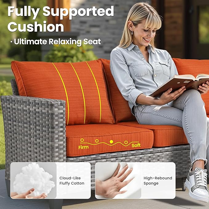 ovios 8 Pieces Patio Furniture Set with 30" Fire Pit Table, Outdoor Wicker Sofa with Comfy Cushions, All Weather High Back Rattan Couch Conversation Set, Orange Red