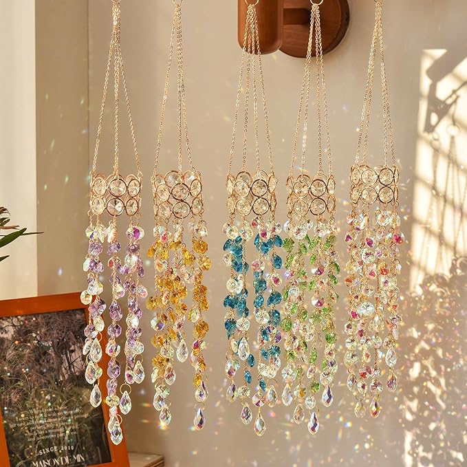 Hanging Window Garden Crystal Sun Catcher, Gold-Plated Sun Catcher for Indoor and Outdoor Decoration, Light Catcher, Party Crystals (Blue)