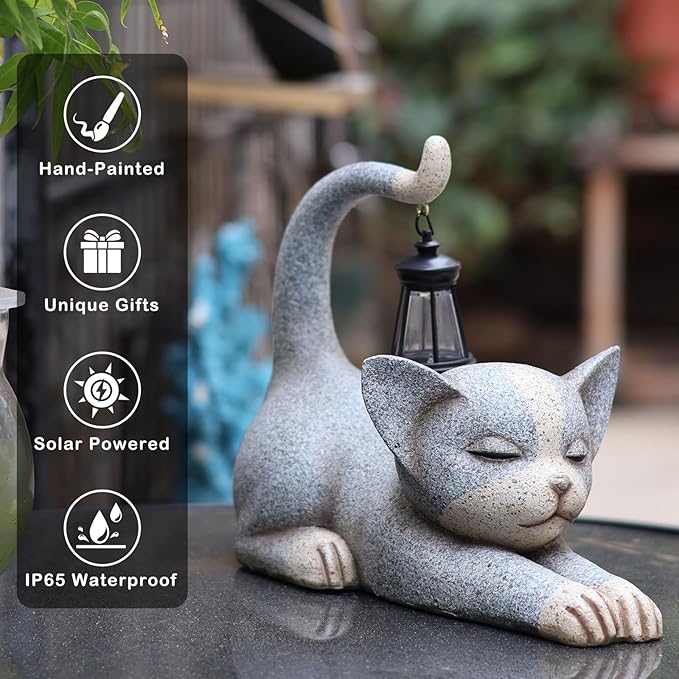 Choies Solar Cat Garden Statue Outdoor Decor,Cat Garden Sculpture for Outside,Cats Figurines Gifts for Women,Mom,Cat Outdoor Decoration for Home,Garden,Patio,Yard