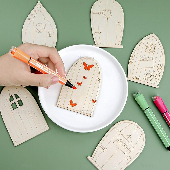 AUEAR, 24 Pack Fairy Door Miniature Wooden Garden Doors Windows Unfinished Window Accessories Mini House DIY Craft for Wall Home Party Decoration (6 Styles)