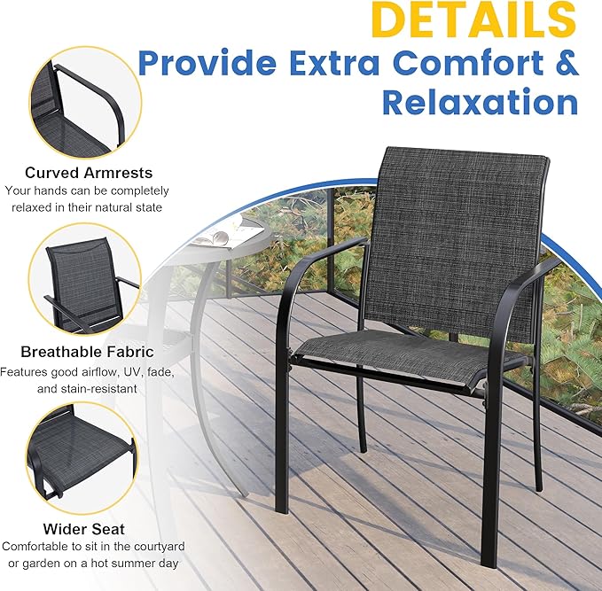 VICLLAX 11 Pieces Patio Dining Set for 10, Outdoor Furniture Set Includes 60" Round Outdoor Table and 10 Lawn Stackable Chairs, Black Tabletop and Grey Fabric
