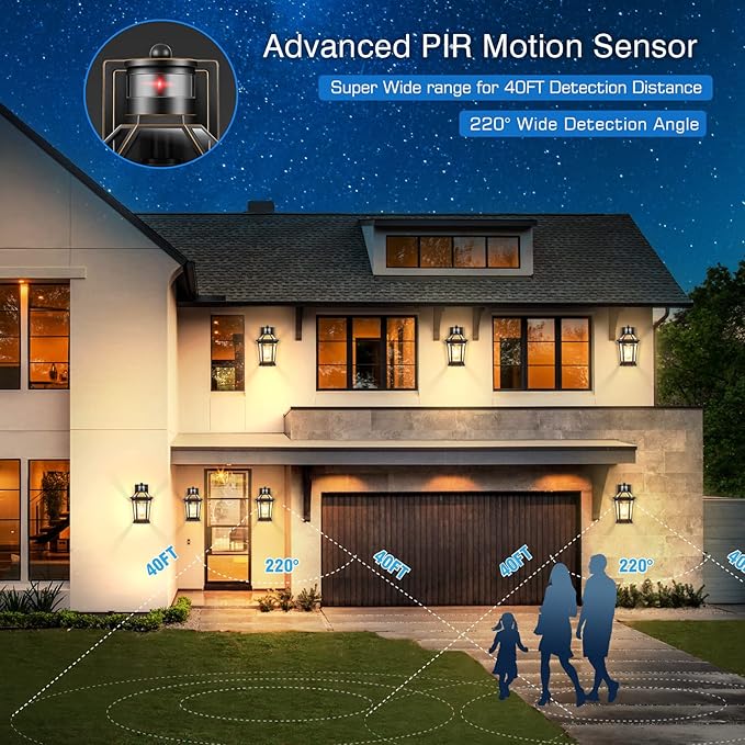 VIANIS Motion Sensor Exterior Light Fixture, 2 Pack Dusk to Dawn Outdoor Light Wall Mount, Anti-Rust Aluminum Outside House Lights, Farmhouse Coach Lantern for Porch, Entryway, Garage, Front Door