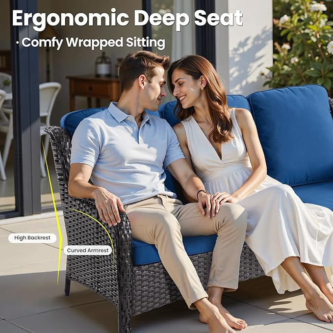ovios 7 Pieces Patio Furniture Set, Outdoor Wicker Sofas with 4 Chairs, Ottomans and Comfy Cushions, All Weather High Back Couch Set for Deck Porch, Brown Rattan, Navy Blue