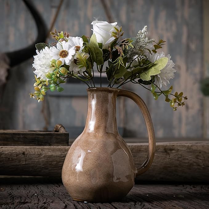 Brown Ceramic Vase with Big Handles, Modern Farmhouse Decor, Rustic Pottery for Flowers, Decorative Terracotta Centerpiece for Dining Table
