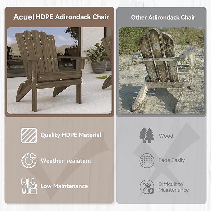 Folding HDPE Adirondack Chair Set of 2, Weather-Resistant Patio Chair with Wide Armrests & High Backrest, Fire Pit Chair for Garden, Backyard, Porch - Light Brown