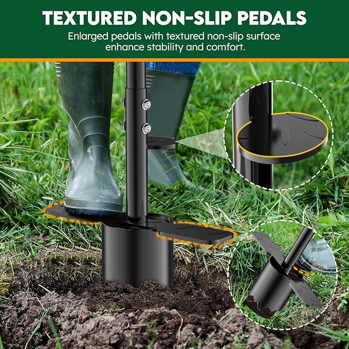 BreeRainz Bulb Planter Tool Long Handle,Height Adjustable Sod Plugger Tool w/ 3.5" Wide Serrated Base,Heavy Duty Dual-Peda Garden Tool for Planting Tulips, Iris, Daffodils,Soil Sampler Transplanting