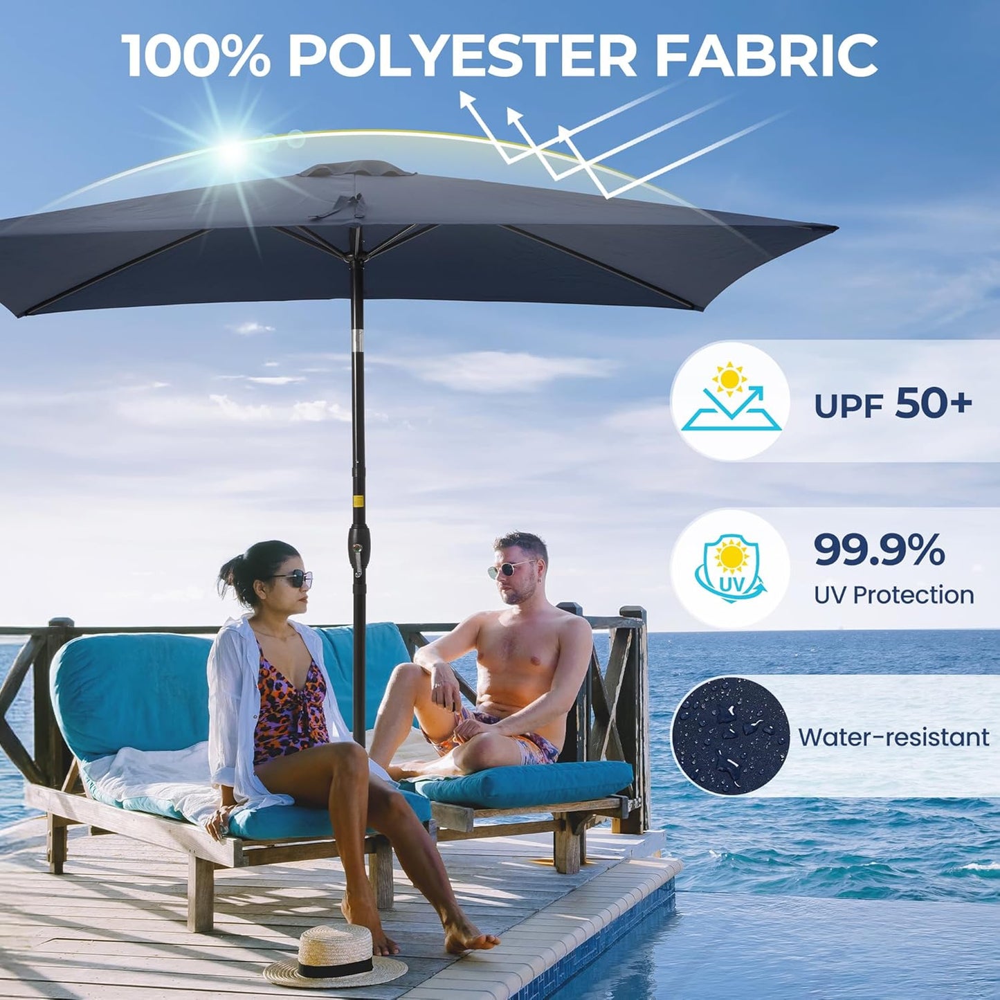 SUNVIVI OUTDOOR Patio Umbrella, 6.5' x 10' Rectangular Patio Umbrella, Metal Pole Square Outdoor Umbrella with Crank and Push Button Tilt, 6 Steel Ribs, Polyester Canopy