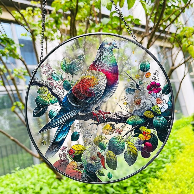 RIVEENY Stained Glass Window Hangings,8" Suncatcher Stained Glass Window Panels,Stained Panel Hangings Gift Women Girls Thanksgiving Birthday Gifts for Mom Grandma (Pigeon)