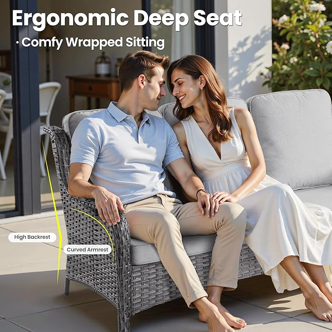ovios 6 Pieces Patio Furniture Set with 30" Fire Pit Table, Outdoor Wicker Sofa with Ottomans, Comfy Cushions, High Back Couch Conversation Set, Grey Rattan, Grey