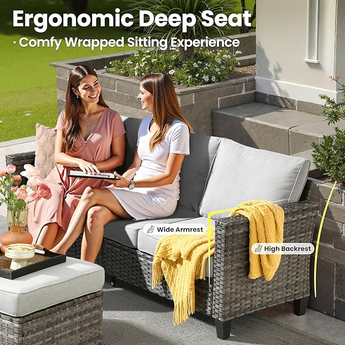 ovios 8 Pieces Patio Furniture Set with 54" Fire Pit Table, Outdoor Wicker Sofa with Comfy Cushions, All Weather High Back Rattan Couch Conversation Set, Grey