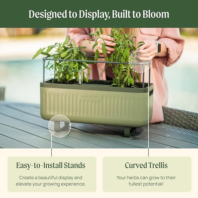 Vego Garden 2 Pack Herb Indoor Planter Box, Self Watering Pots with Trellis for Kitchen Window Sill or Countertop Plants Cage - Cream White