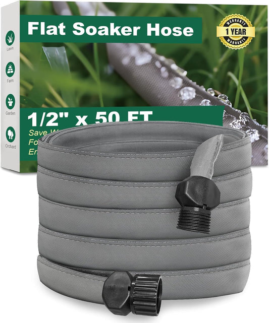 Flat Soaker Hose for Garden Beds 50 ft,Linkable Drip Irrigation Hose Save 80% Water, Leakproof Watering Hose with Holes, Duty Double Layer Flexible Leakproof