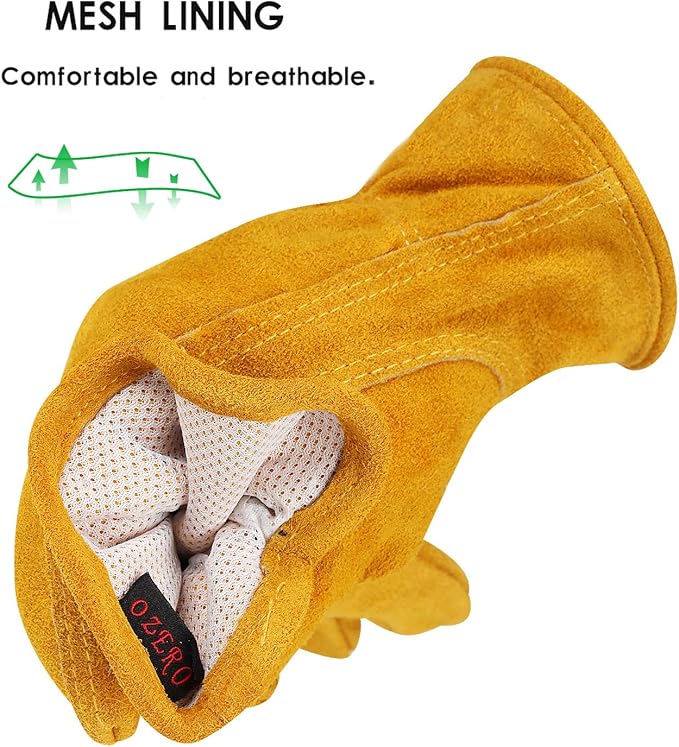 OZERO Leather Work Gloves Flex Grip Tough Cowhide Gardening Glove for Men and Women (Large, Gold With Mesh Linning)