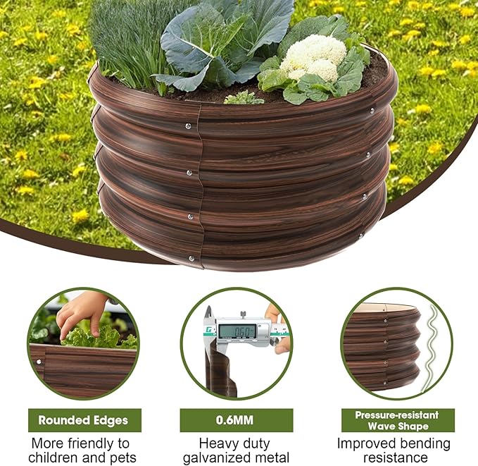 2x2x1ft Round Galvanized Raised Garden Bed Outdoor Metal Planter Box Raised Beds for Gardening,Vegetables,Fruits,Flowers & Herbs (Brown)