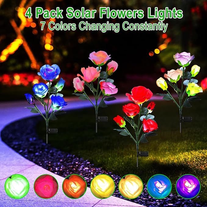 ANGMLN Solar Garden Lights, 6 Pack Solar Flower Lights Outdoor Waterproof with 30 Head Realistic Rose 7-Color Changing Landscape Light for Garden Yard Pathway Patio Grave Cemetery Decoration