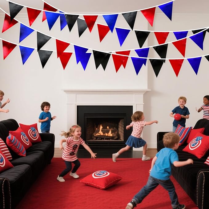 Navy Blue Red Black Party Decorations Metallic Fabric Triangle Pennant Banner Flag Bunting Garland for Graduations Birthday Retirement 4th of July USA Patriotic Veterans Party Decorations Supplies