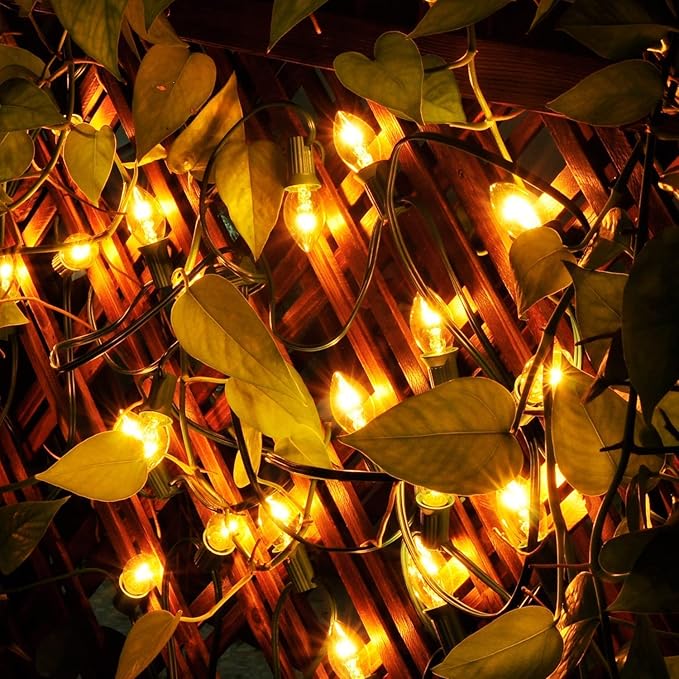 C7 Christmas Lights, 25Ft Outdoor Christmas String Lights with 27 Clear Warm White Incandescent Bulbs, Hanging Vintage Christmas Decorations Light for Roofline House Garden Patio Backyard Party Green