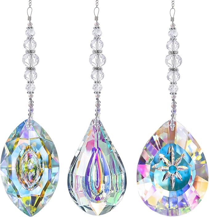 HDCRYSTALGIFTS Pack of 3 Crystal Suncatchers,AB Colored Sun Catchers with Crystals for Window Hanging Rainbow Maker Prisms Suncatchers Indoor Outdoor Decorations Ornaments