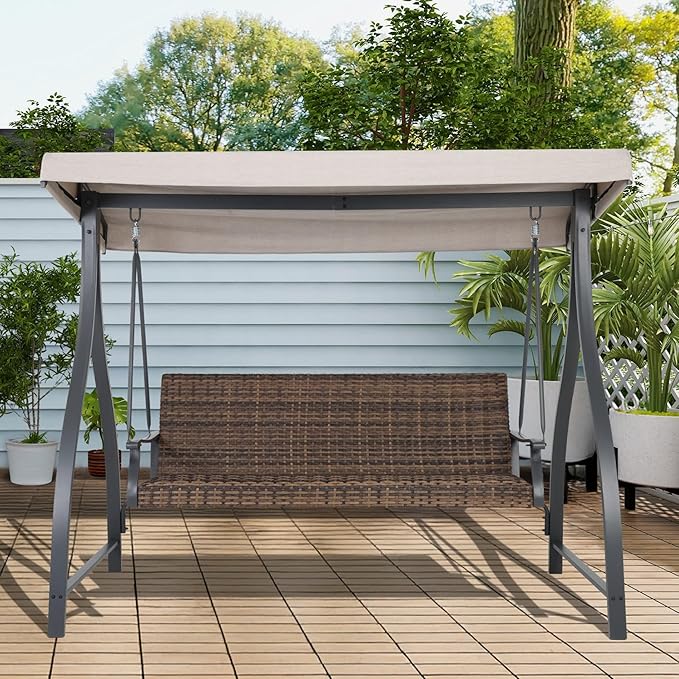 BPS 3 Seat Outdoor Porch Swing with Adjustable Canopy, PE Wicker Patio Swing Chair with Quick-Drying Foam Seat, 882 LBS Capacity, Proch Swings for Deck, Backyard, and Lawn, Khaki