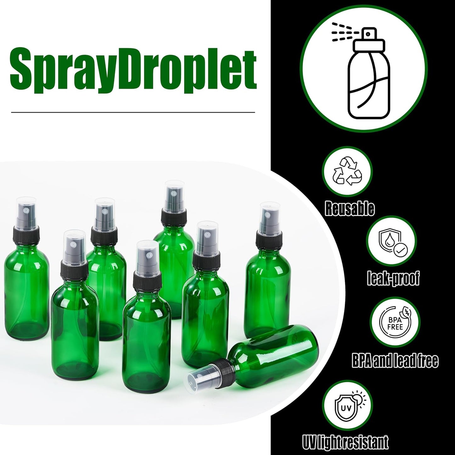 2 oz Glass Spray Bottles, Reusable Fine Mist Sprayer Small Spray Bottle, Leak-Proof Design, Perfect for Travel, Skin Care, Perfumes, Botanical, Cleansing (Green, 2oz-48pcs)