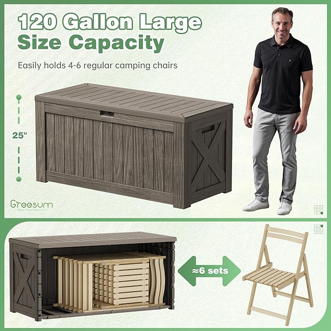 Greesum 120 Gallon Outdoor Storage Box with Lock - Large Resin Deck Box, Reinforced Lid for Garden, Patio, Lawn, Coffee