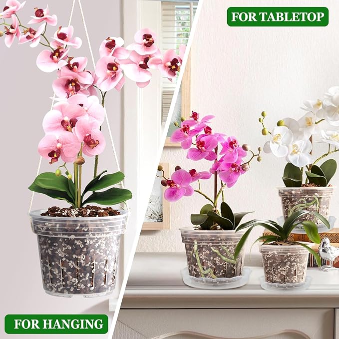 REMIAWY Orchid Pot, 12 Orchid Pots with Holes and 9 Saucers, 3 Each of 4.1, 4.8, 5.7 and 6.4 Inch Clear Flower Planter for Repotting, Plastic Breathable Plant Nursery Planters with Drainage