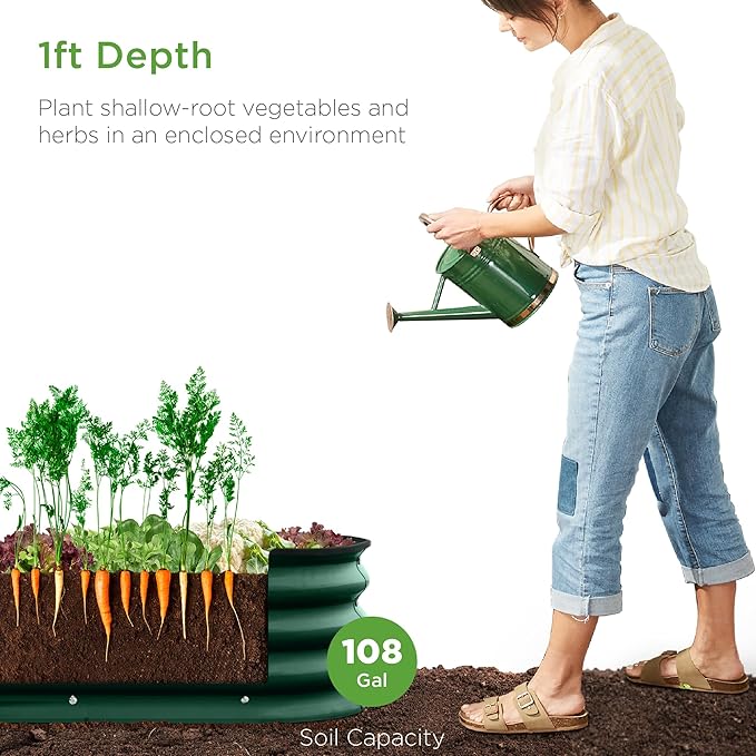 Best Choice Products 8x2x1ft Outdoor Metal Raised Garden Bed, Oval Deep Root Planter Box for Vegetables, Flowers, Herbs, and Succulents w/ 108 Gallon Capacity - Dark Green