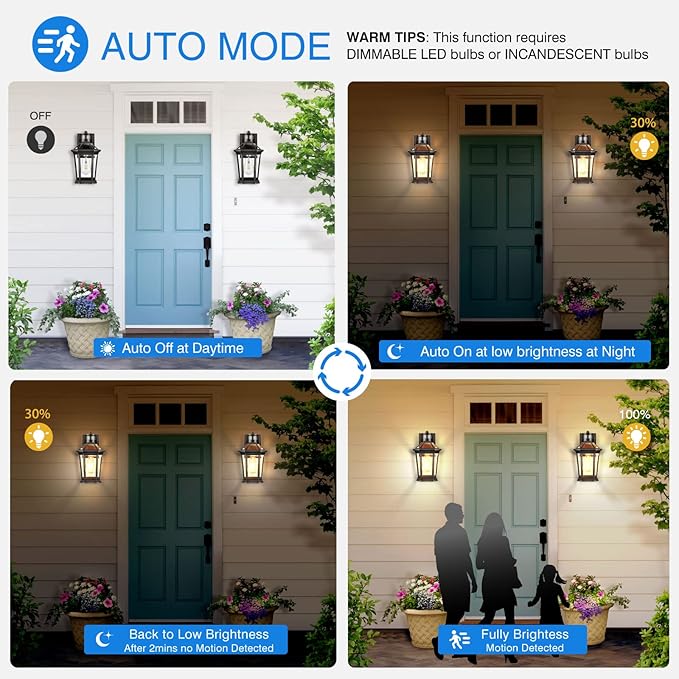 VIANIS Motion Sensor Outdoor Lighting, Outdoor Wall Lights Wall Mount with Clear Glass, Black Dusk to Dawn Garage Light Sconce, Waterproof Exterior Lights for House, Brightness Distance Adjustable