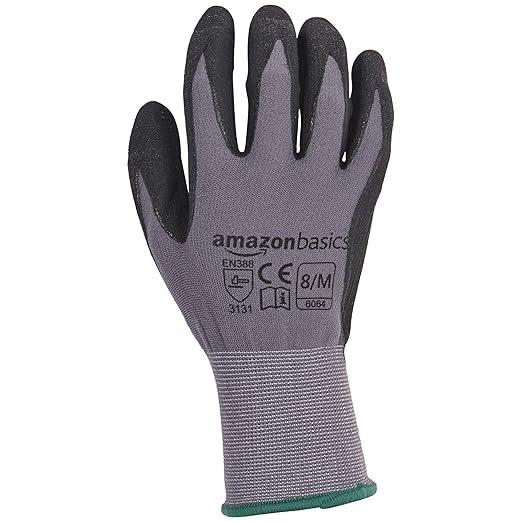 Amazon Basics Micro-Foam Nitrile Coated Work Gloves, Nylon Liner Fiber, Touch Screen, Size 8/M, 12 Pairs, Grey