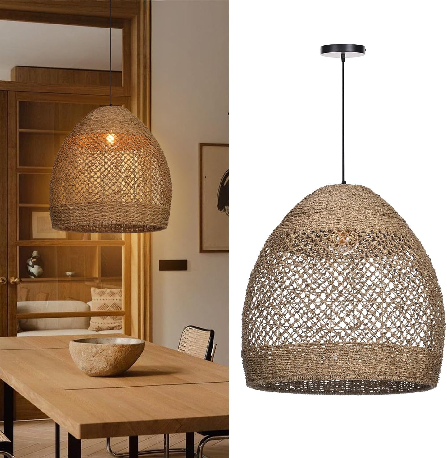 Arturesthome Rustic Rattan Pendant Light,Basket Hanging Light Ceiling Lamp for Dining Room,23.6" Farmhouse Wicker Chandelier for Living Room Foyer Bedroom Hallway