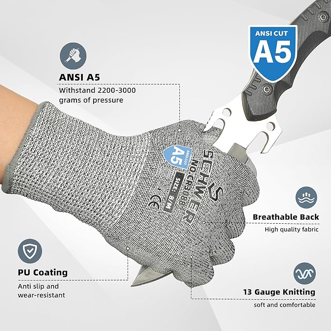 Schwer 240 Pairs ANSI A5 Cut Resistant Work Gloves, Cut Proof Gloves with PU Coating, Used for Metal Fabrication, WoodWorking, Construction, Non Slip, Durable, M, CR3088