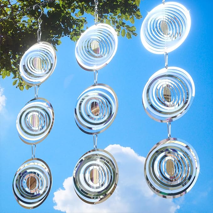 Factee Bird Deterrents for Outside, Reflective 3D Stainless Steel Wind Spinners, Garden Decor, Bird Scare Devices to Keep Woodpeckers, Pigeons Away from Your House, Patio, Orchards1
