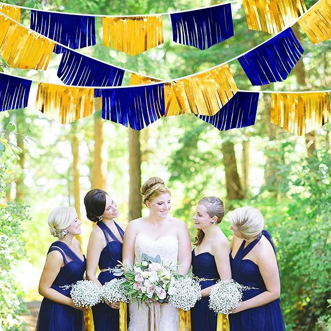 Royal Blue Gold Tassel Banner Metallic Fabric Pennant Bunting Flag for Graduation Retirement Bachelorette Birthday Engagement Wedding Bridal Shower Nautical Ahoy Achor Party Decorations Supplies