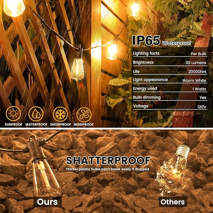 Outdoor String Lights Waterproof, 300FT Patio Lights with 146 Shatterproof ST38 Globe Bulbs(6 Spare), Connectable Dimmable LED Hanging String Lights for Outside Backyard Porch Balcony(150FT x 2)