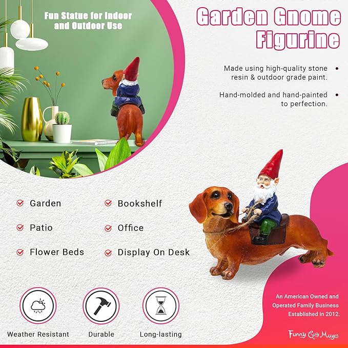 Funny Guy Mugs Gnome and a Dachshund Garden Statue- Indoor/Outdoor Garden Dog Gnome Sculpture for Patio, Yard or Lawn