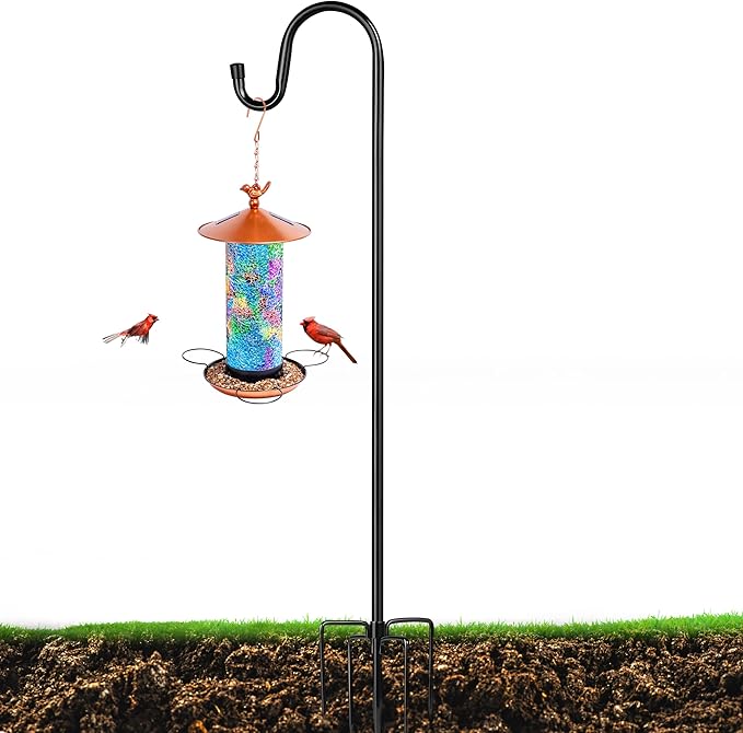 XDW-GIFTS Bird Feeder Pole for Outdoor, 60 Inch Shepherds Hooks Heavy Duty Garden Pole for Hanging Plant Basket, Solar Light Lanterns, Garden Plant Hanger Stands with 5 Base Prongs