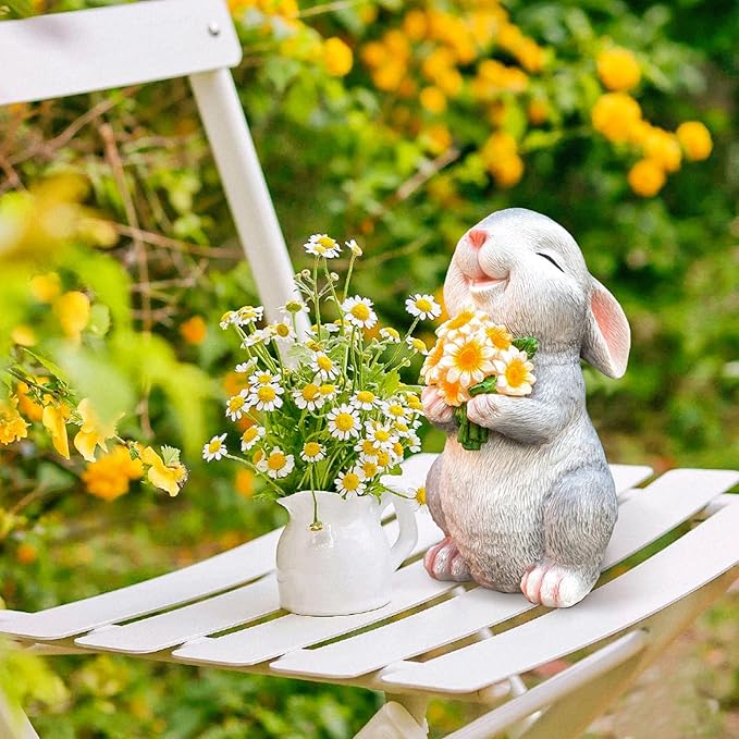 Solar Rabbit Garden Statues Outdoor Bunny Decor Resin Rabbit Figurine Holding Sunflower with LED Lights for Proch Patio Lawn Yard Christmas Housewarming Gardening Gifts for Mom Grandma