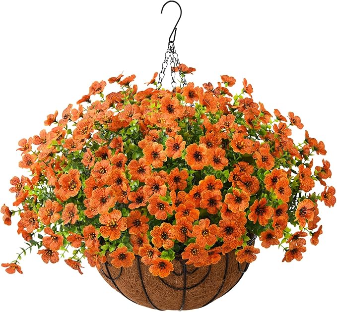 Artificial Faux Hanging Plants Flowers Basket Outdoor Indoor Patio Lawn Garden Spring Decor, Fake Silk Daisy in Basket with 12inch Coconut Lining Chain Palm Flowerpot(Orange)