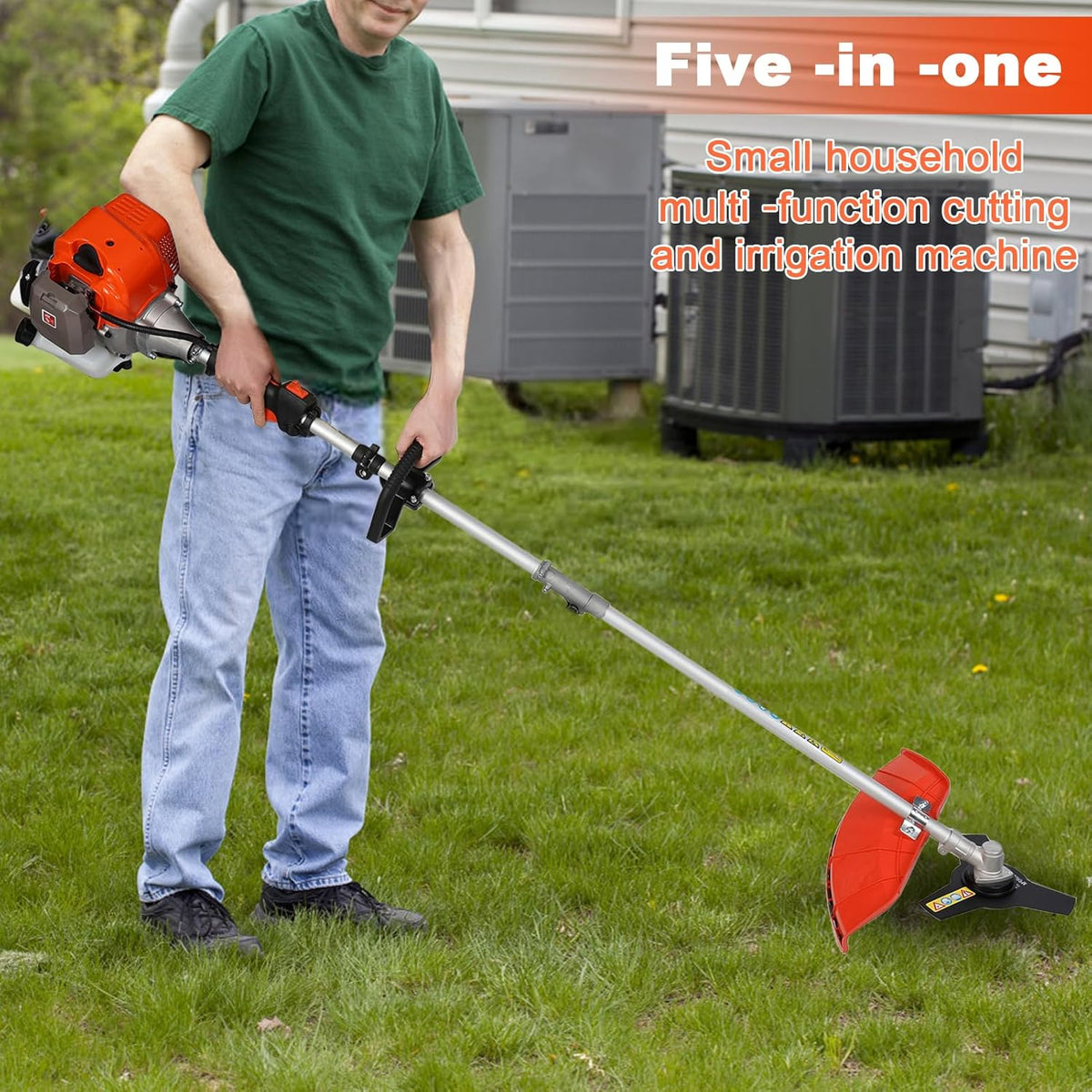 5 in 1Gas Weed Wacker，62cc 2 Stroke Full-Functional Petrol Hedge Trimmer,Gas Weed Eater,Grass Cutter Machine,Straight Shaft Grass Trimmer Cordless for Gardening (Orange)