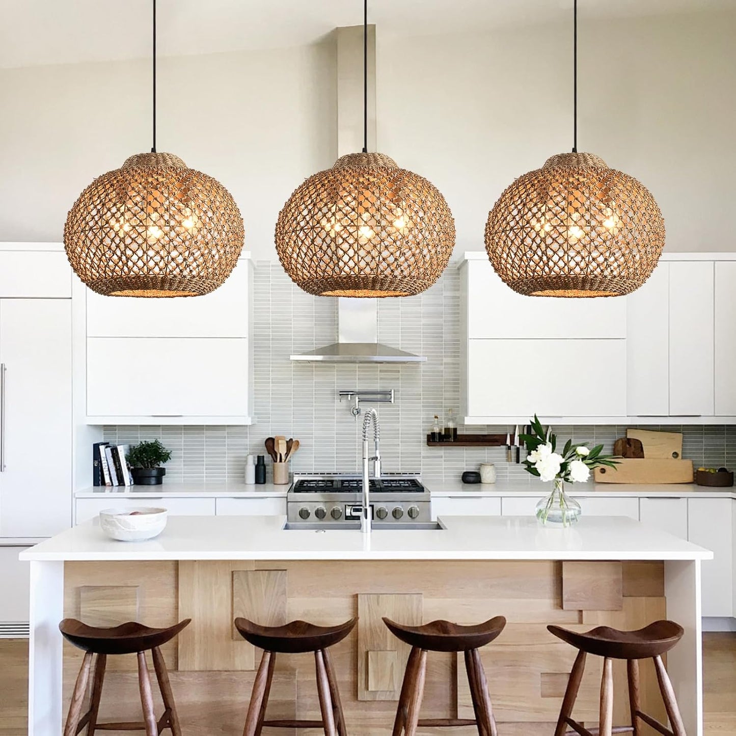 16.94" Rattan Pendant Light,Boho Wicker Chandelier Woven Water Plants, of Kitchen Island Farmhouse Dining Room,Entryway Foyer
