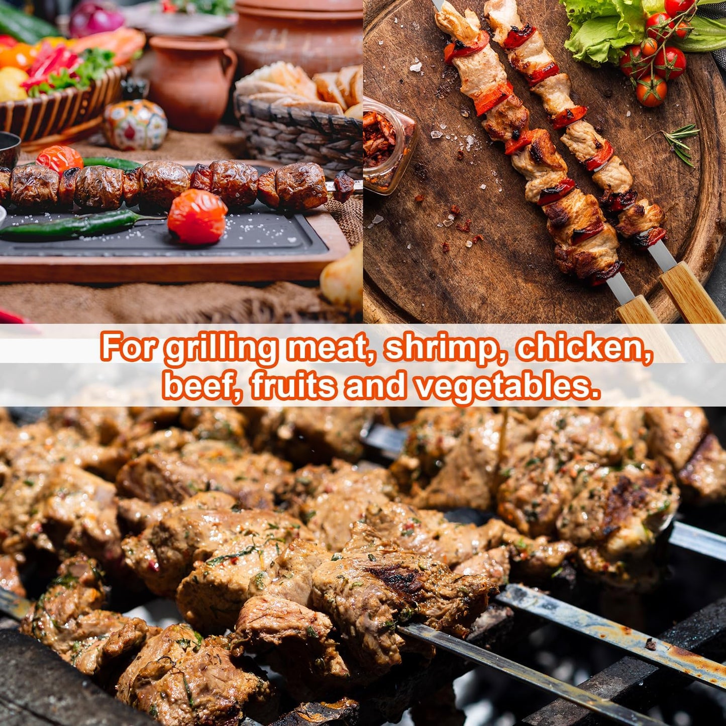 SHIKORI Kabob Skewers,BBQ Barbecue Skewers,Stainless Steel Sticks,24 Inch Heavy Duty Large Wide Reusable,with Nonslip Wooden-12 Pcs