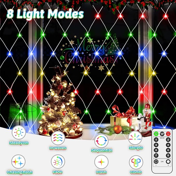 2 Pack Total 400 LED Christmas Net Lights Outdoor 6M*4M Mesh Lights Fairy String Lights Plug in with Timer 8 Modes Waterproof for Outside Bush Window Wall Patio Fence Tree Decorations-Multicolored