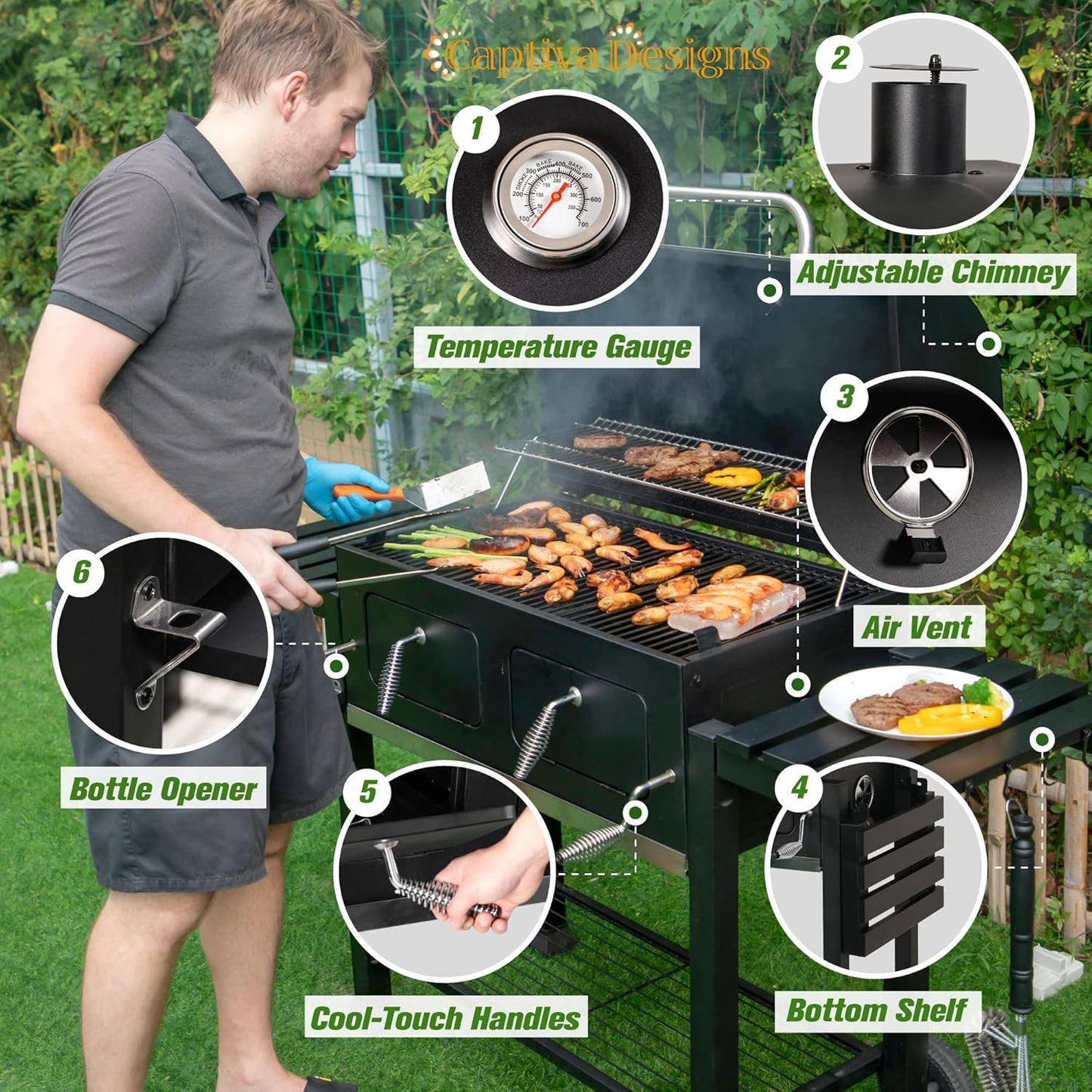 Captiva Designs Extra Large Charcoal BBQ Grill with Oversize Cooking Area(794 SQIN), Outdoor Cooking Grill with 2 Individual Lifting Charcoal Trays and 2 Foldable Side Tables
