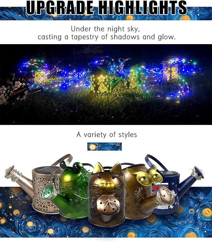 Solar Watering Can with Colorful Lighting, Waterproof Garden Decor, Birthday Gifts for Mom Grandma (Butterfly, 32 inch Shepherd Hook)