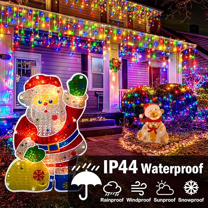 Hezbjiti Christmas Decorations Lights Outdoor, 400 LED 32.8 FT 8 Modes 75 Drops Fairy String Curtain Lights for Christmas Decor Eaves Window Party Yard Garden Indoor (Multicolor)