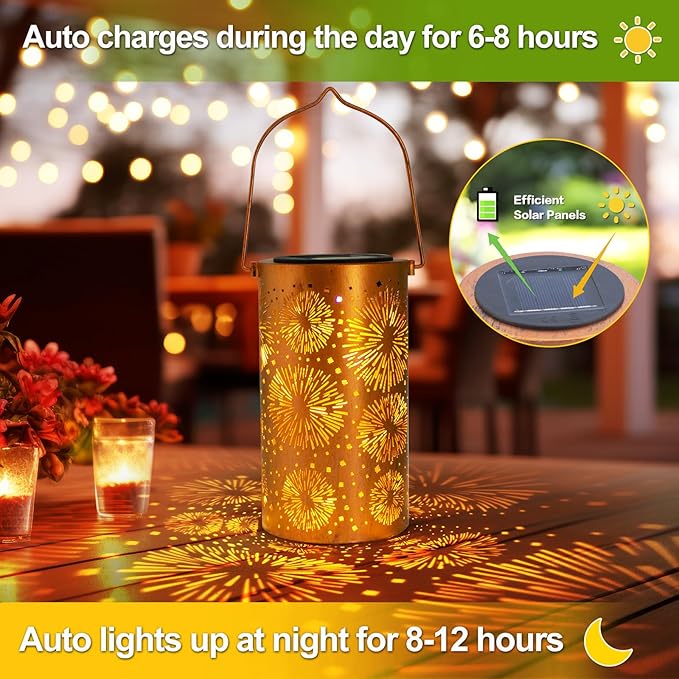 DIBIEECN 2 Pack Fireworks Solar Gardening Gifts Lanterns, Garden Decor for Outside, Pattern Solar Decorative Lights Waterproof, Outdoor Gifts for Women Mom Grandma, Yard Gifts for Patio, Pathway