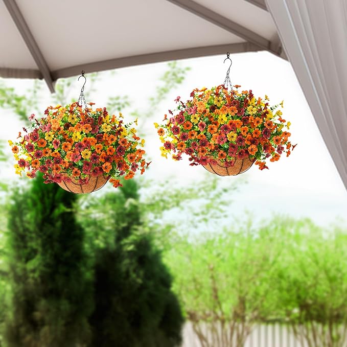 Artificial Fake Hanging Plants Flowers Basket, Faux Silk Daisy in Planter Realistic UV Resistant for Outside Home Patio Balcony Yard Spring Outdoor Decoration (Orange Brown Yellow)